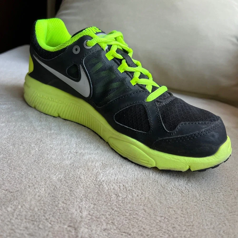 Nike Lunarlon Women 6.5 Youth 5Y Running Shoes Athletic Sneaker Black Neon Green